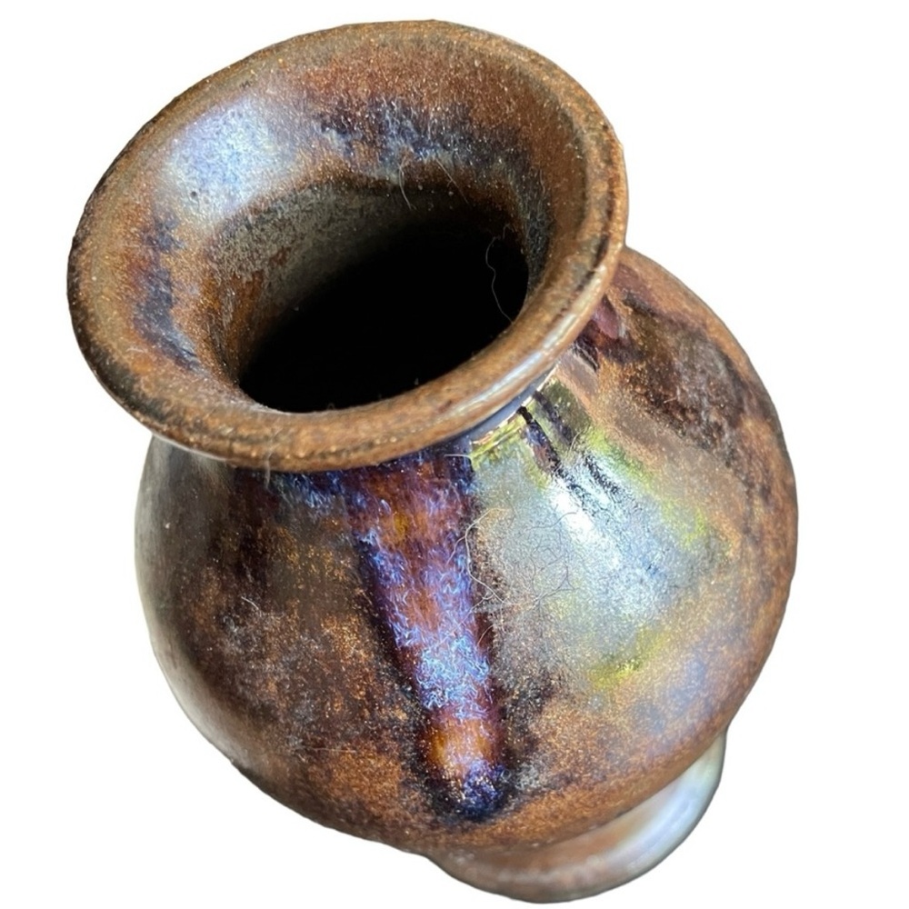 Hand-Thrown Rustic Brown, Iridescent Blue, Orange Ceramic Vase Stoneware Pottery